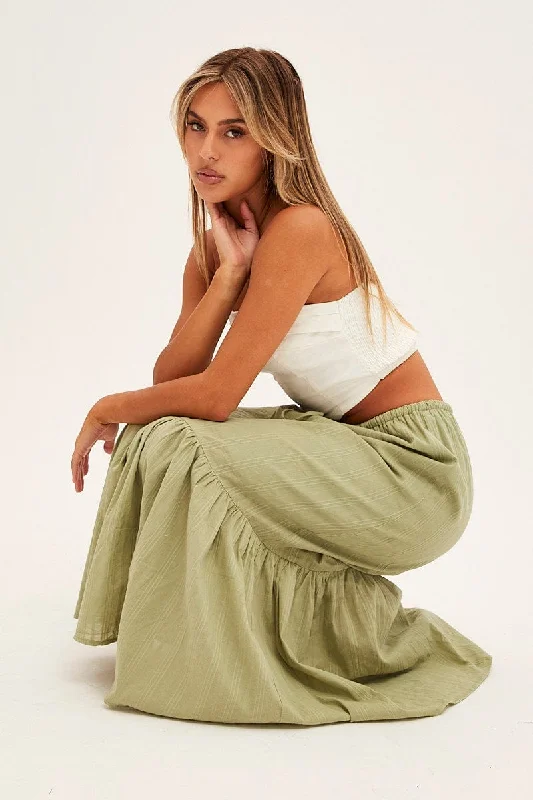 Clothes For Sale Green Midi Skirt Tiered Textured Thin Tie Waist