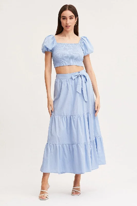 Flash Sale Online Blue Maxi Skirt High Rise Tiered