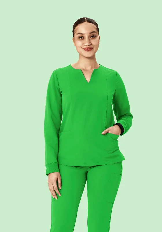 Classic Women's Clothing Styles Long Sleeve Notch Neck Top Kelly Green