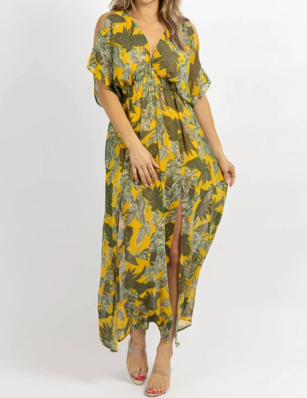 Women's Outerwear Clothing Cold Shoulder Maxi Dress In Yellow  Palm