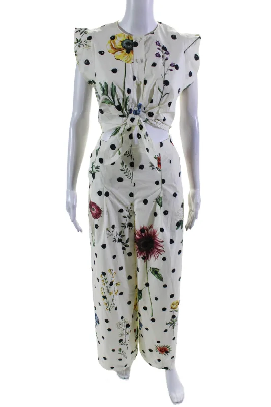 Modern Women's Outfit Oscar de la Renta Womens Cotton White Floral Cut Out Wide Leg Jumpsuit