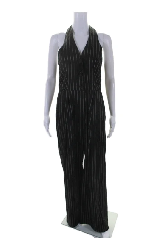 Women's Casual Wear Outfit Marella Womens Linen Striped Sleeveless Buttoned Straight Jumpsuit Black