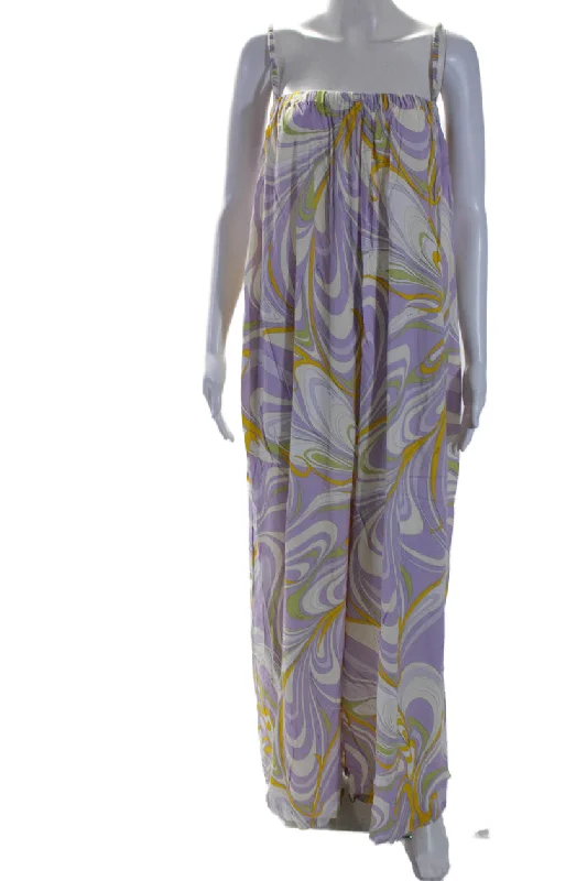 Women's Clothing Emilio Pucci Womens Abstract Striped Ruched Strapped Jumpsuit Purple