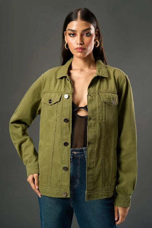 Women's Evening Wear Outfit Olive Revive Denim Trucker Jacket