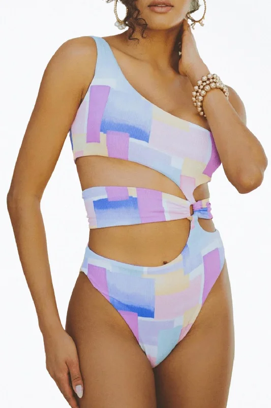 Modern Women's Apparel Gaia Retro Ribbed Cutout One-Piece Swimsuit In Pastel Shapes