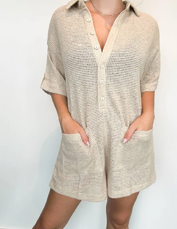 Women's Attire Waffle Button Down Romper In Beige