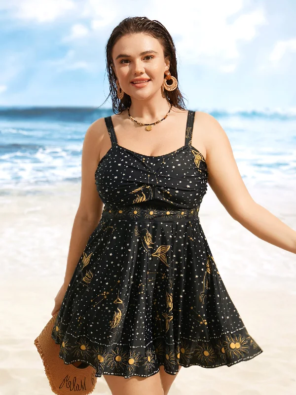 Plus Size Women Wear Star & Sun Print Heart Neckline Crossover Swim Dress