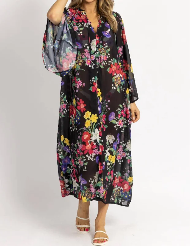 Plus-Size Women's Clothing Multifloral Tie Neck Coverup Maxi In Black