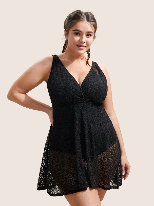 Holiday Special Offers Solid Crochet Lace Mesh Adjustable Straps Swim Dress