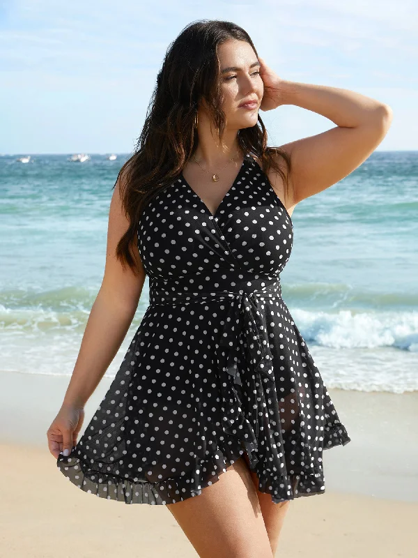 Women's Attire Polka Dot Ruffled Hem Belted Swim Dress