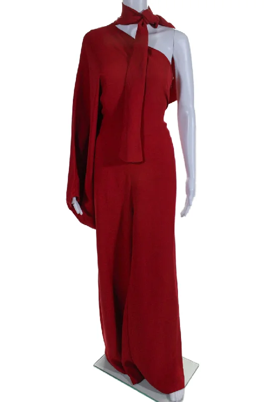 Online Boutiques Valentino Womens Silk Crepe One Shoulder Wide Leg One Piece Jumpsuit Red