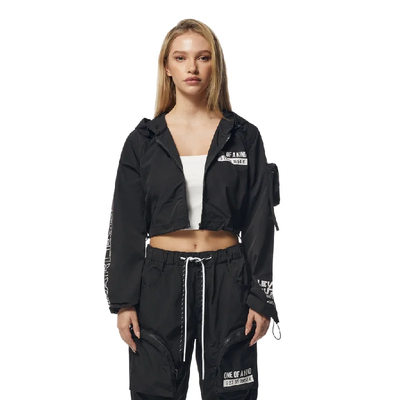 Women's Elegant Outfit Cropped Windbreaker Full Zip Jacket - Black