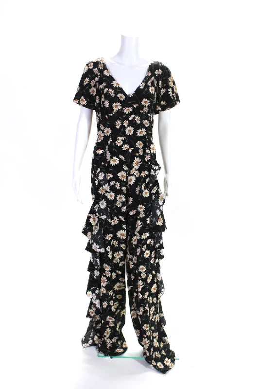 Fashion-forward Women's Clothing Michael Kors Collection Womens Silk Floral Print Ruffled Jumpsuit Black