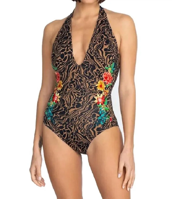 Stylish Dresses for Women Halter Embroidered Onepiece Swimsuit In Multi