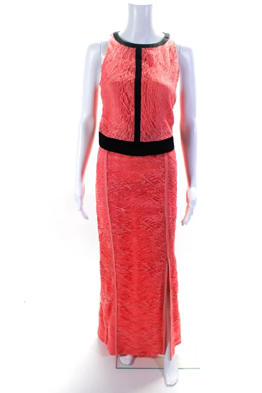 Women's Athletic Outfit J. Mendel Womens Lace Sleeveless Crop Top Maxi Skirt Two Piece Set Pink