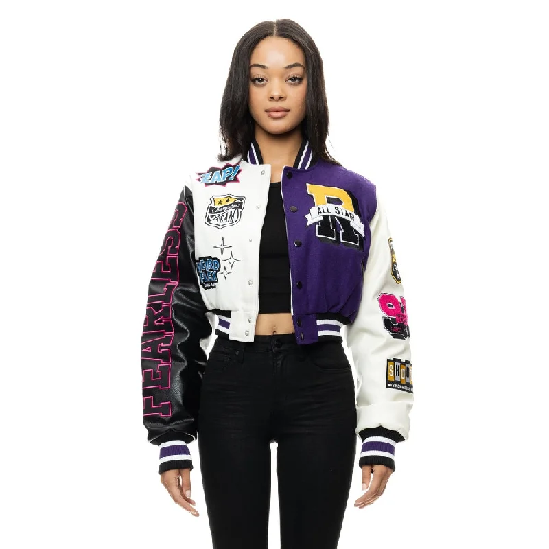 Women's Comfy Loungewear Outfit Cropped All Star Varsity Jacket - Purple