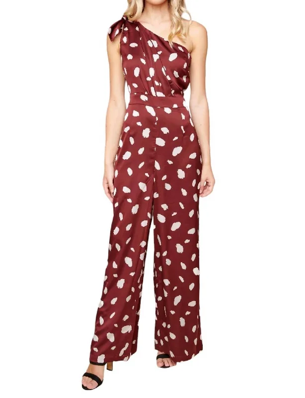 Women's Floral Print Outfit Sabine Abstract Dot Satin One Shoulder Jumpsuit In Burgundy-White