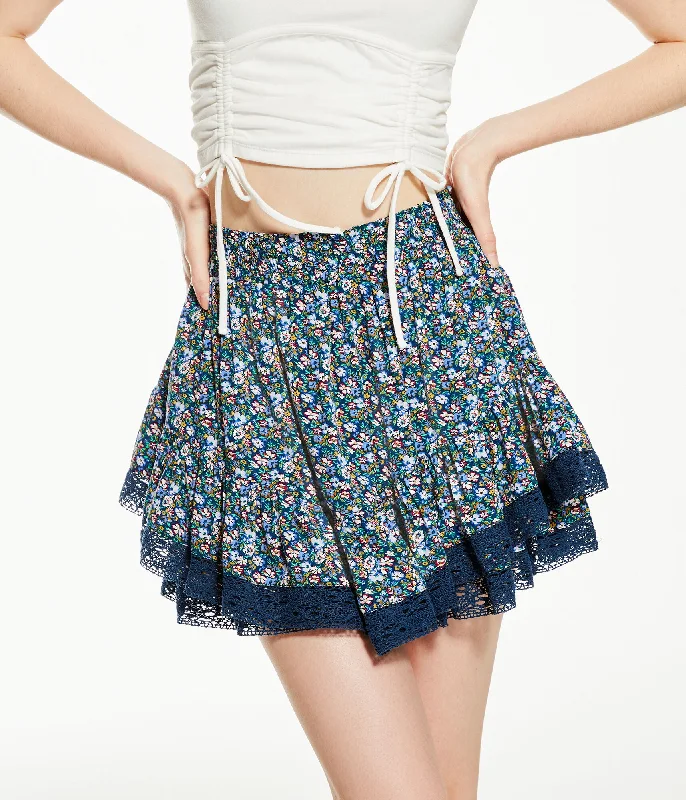 End of Season Sale Aeropostale Floral High-Waisted Flippy Lace-Trim Skirt