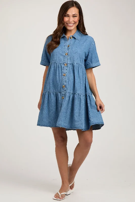 Women's Comfy Attire For Lounging Blue Denim Button Down Tiered Maternity Dress