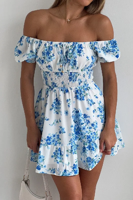 New Arrival Discounts Blue Floral Fit And Flare Dress Mini