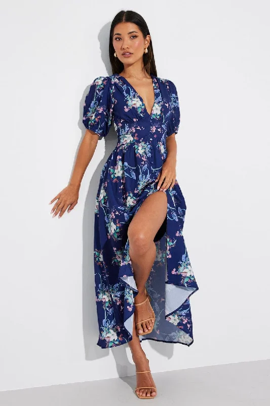 Women's Seasonal Fashion Trends Blue Floral Midi Dress Puff Sleeve