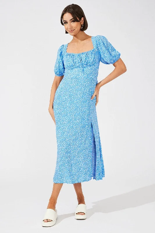 Women's Comfortable Lounge Outfit Blue Floral Midi Dress Puff Sleeve Midi