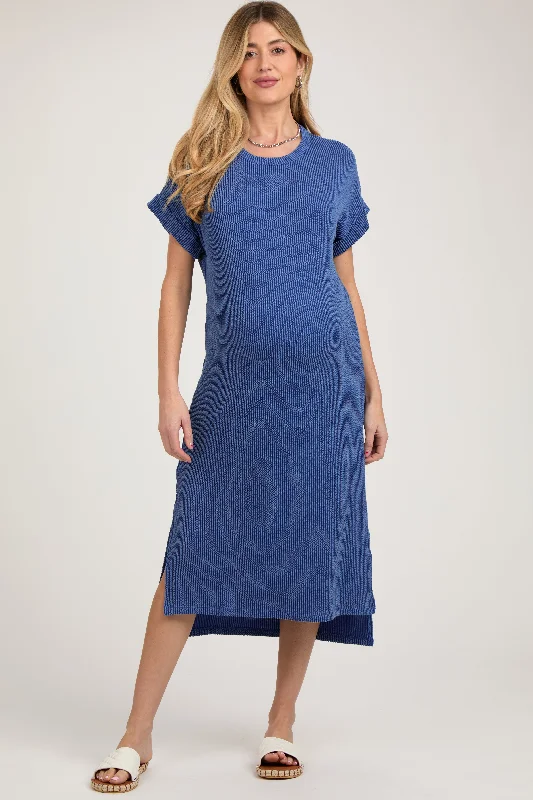 Elegant Women's Clothing Online Blue Ribbed Short Sleeve Maternity Midi Dress