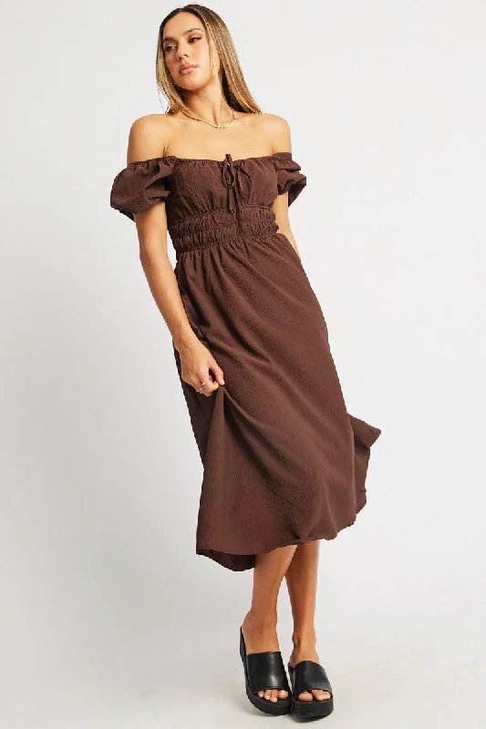 Shop Ladies Clothes Brown Midi Dress Short Sleeve Ruched Bust