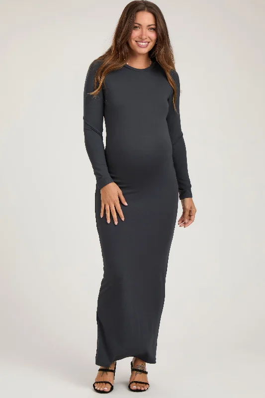 Fashionable Women's Casual Apparel Charcoal Long Sleeve Fitted Maternity Maxi Dress