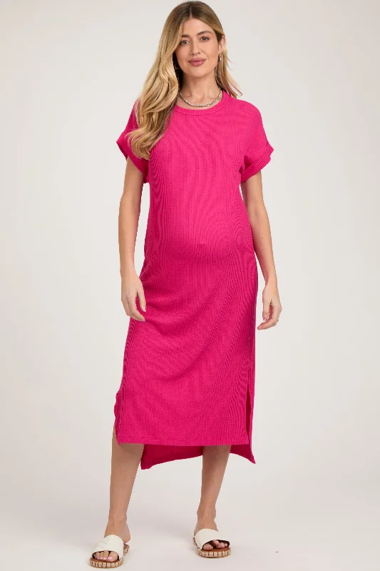 Women's Clothes And Apparel Fuchsia Ribbed Short Sleeve Maternity Midi Dress