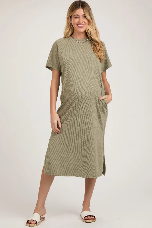 Best Online Boutiques Light Olive Ribbed Short Dolman Sleeve Side Slit Maternity Midi Dress