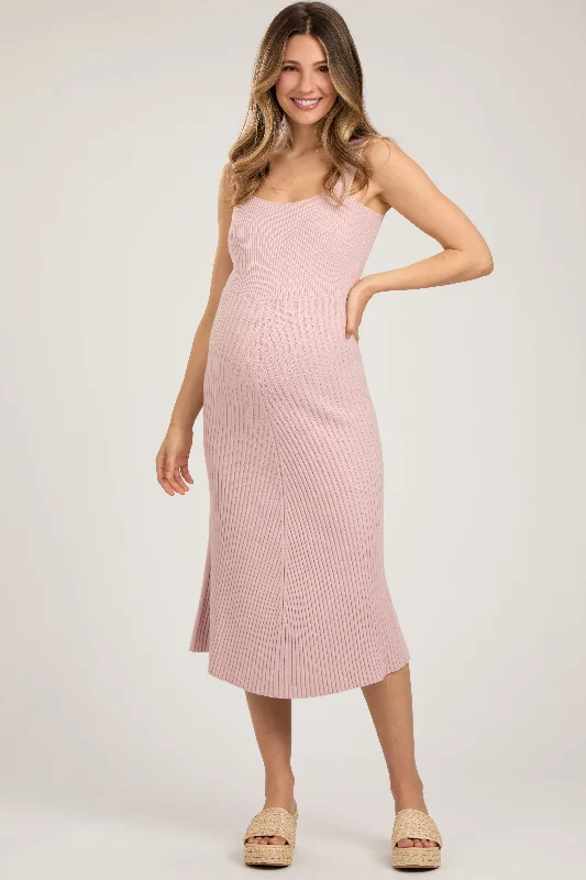 Comfortable Casual Women's Clothing Light Pink Sweater Knit A-Line Maternity Midi Dress