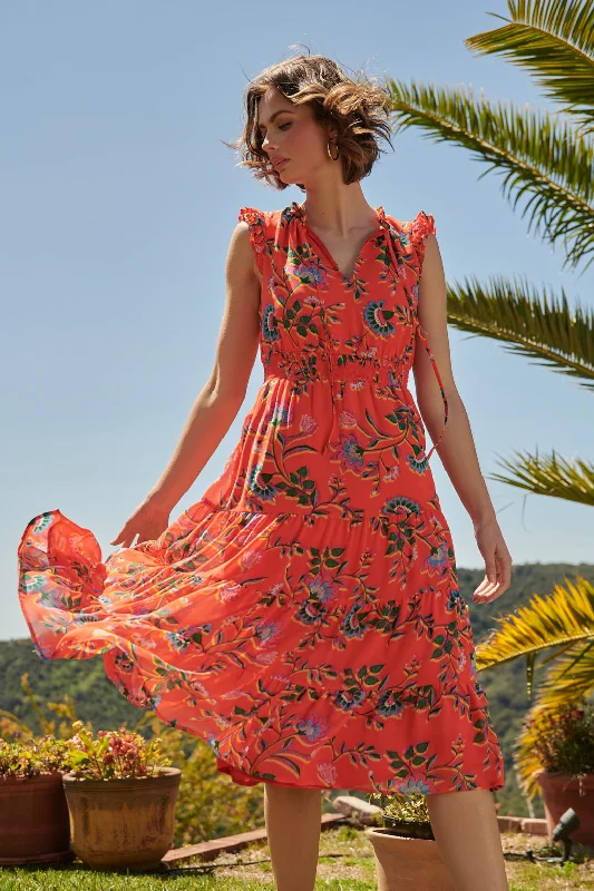 Online Boutiques Affordable Papaya Floral Pisces Smocked Midi Dress