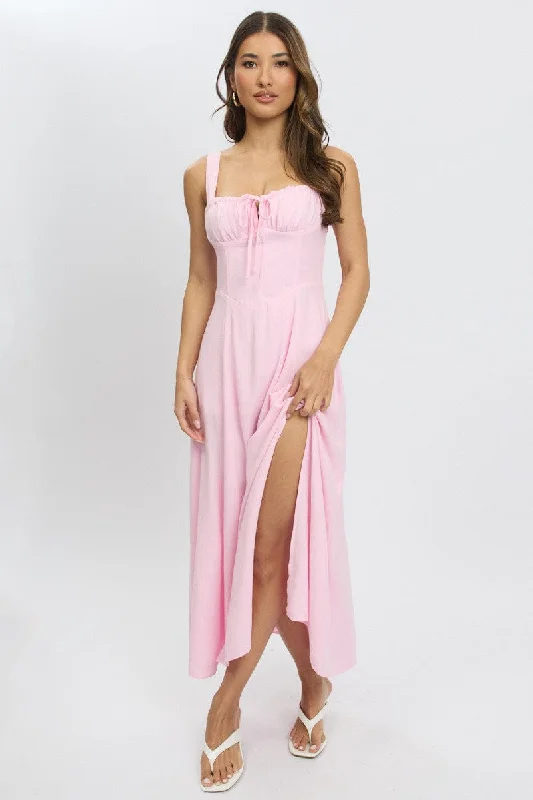 Discount Price Pink Maxi Dress Corset Detailed