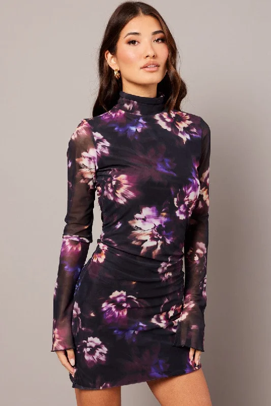 Casual Chic for Women Purple Abstract Bodycon Dress High Neck Mini Long Sleeve