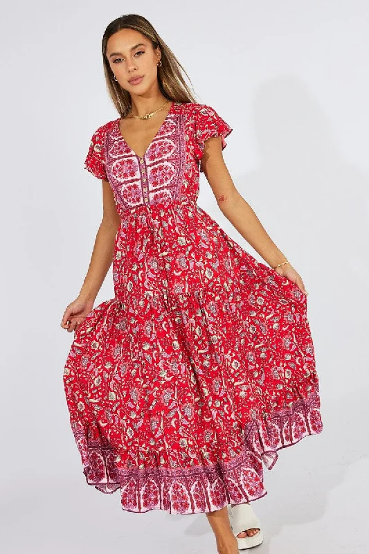 Stylish Everyday Clothing Red Boho Maxi Dress Short Sleeve