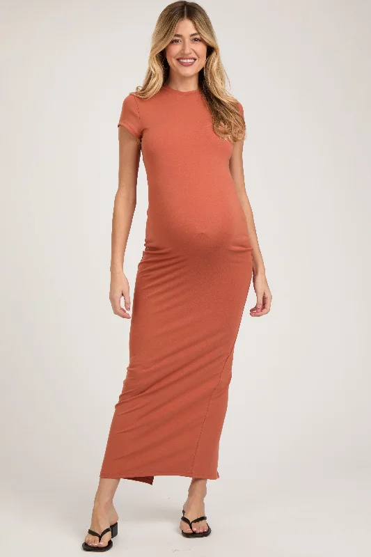 Timeless Women's Clothing Rust Fitted Short Sleeve Maternity Maxi Dress