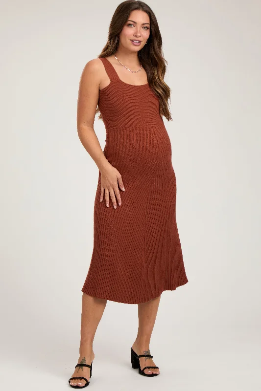 Women's Trendy Casual Outfit Rust Sweater Knit A-Line Maternity Midi Dress