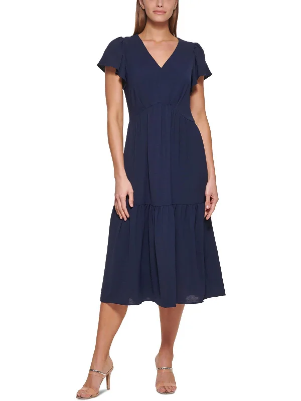 Women's Office Attire Womens Crinkle Midi Fit & Flare Dress