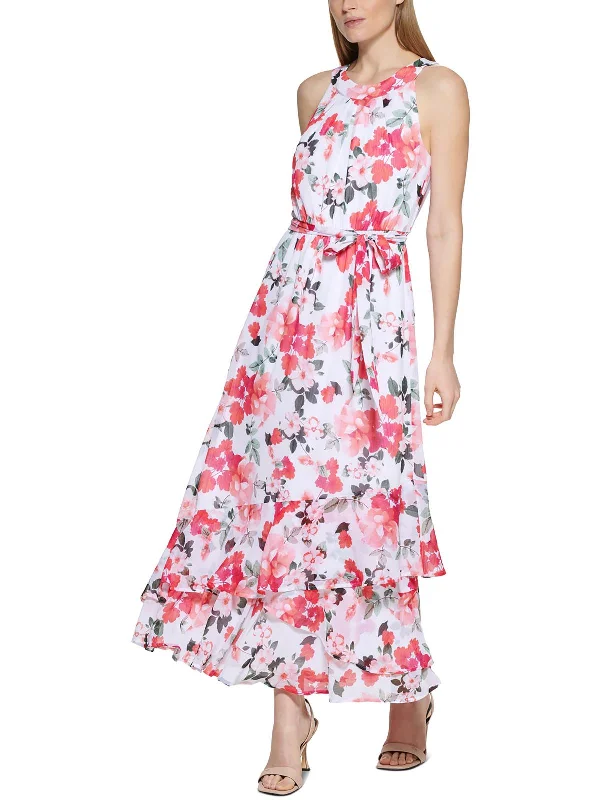 Women's Clothing For Outdoor Activities Womens Floral Print Tea Length Halter Dress