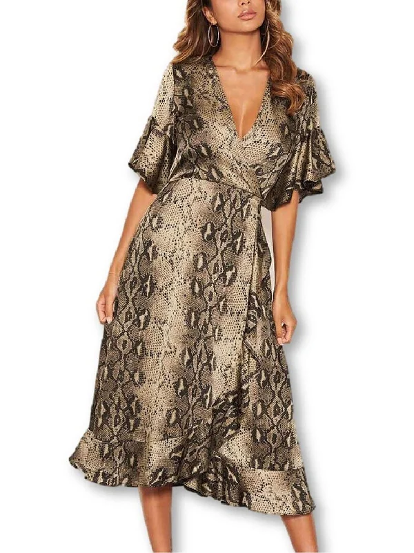 Flash Sale Online Womens Snake Print Faux Wrap Midi Dress