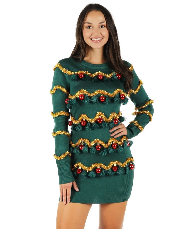 Women's Stylish Outdoor Outfit Tinsel Tree Christmas Sweater Dress