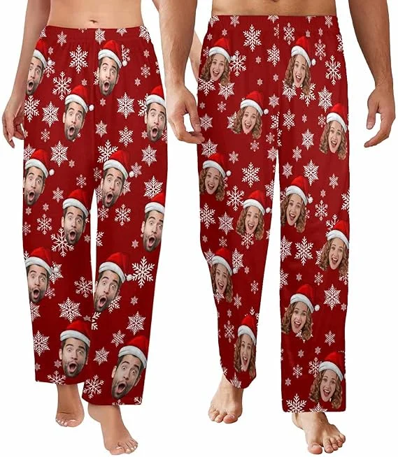 Trendy Online Boutiques [New Design] Custom Face Pajama Pants for Women Men Personalized Sleep Bottoms Snowflake Printed Pj Casual Pajamas Loose Fit Lounge Pants