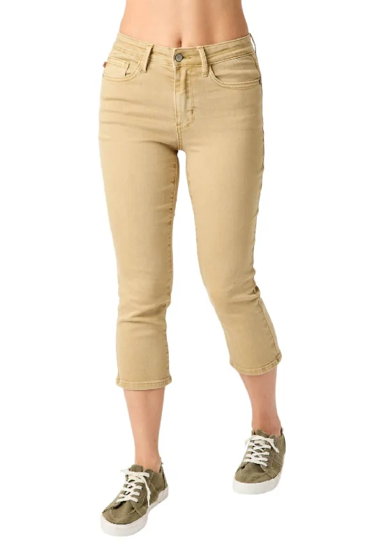 Women's Luxury Attire Mid Rise Garment Dyed Capri In Khaki