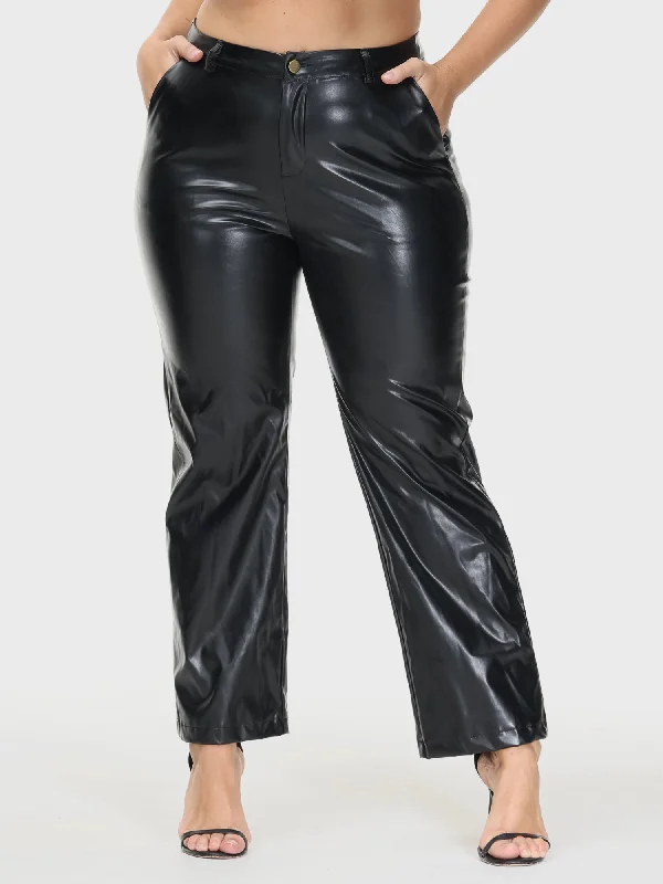 Tailored Clothing For Women PU Leather Straight Leg Casual Pants with Pockets